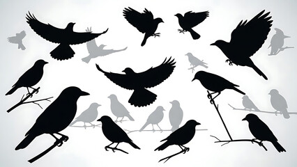 Obraz premium Silhouettes of birds flying and perched on branches isolated on a transparent background