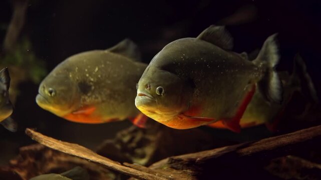 School of piranhas swimming in the tank, slow motion