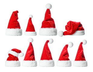 A collection of various red Santa Claus hats arranged on a transparent background