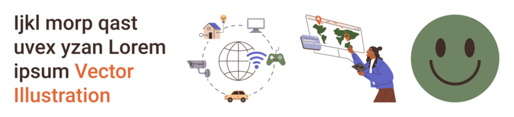 Global connectivity, online education, remote communication, digital maps, technology interaction, gaming networks. a person with a pointer, world map icons of communication devices. Global