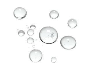 Close-up of clear liquid droplets on a stark black background. Reflective and luminous