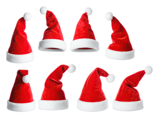 Eight various festive red hats with white trim and pom-poms, isolated on a transparent backdrop