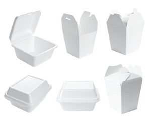Assortment of blank, white containers for food, including clamshells & takeout boxes