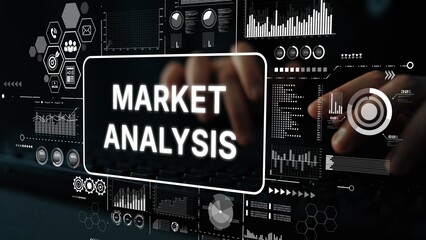 Hands typing on keyboard with digital screens displaying market analysis and data visualization concepts in a modern workspace. Asymptotic smart data analytic.