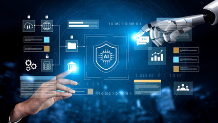 A futuristic technology interface showcasing a robotic hand interacting with digital data, symbols, and security elements, representing advanced innovation in AI and cybersecurity. Gantry