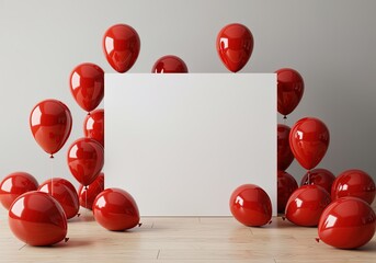 Blank White Sign Surrounded by Red Balloons on Wooden Floor