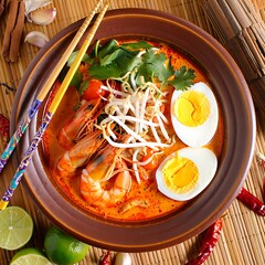 Delicious bowl of spicy shrimp noodle soup with egg