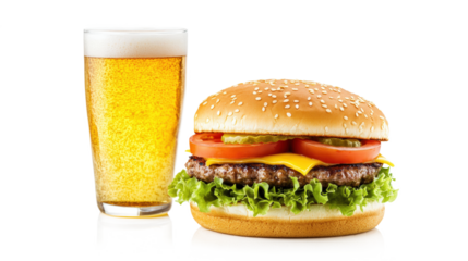 A hamburger with lettuce and tomato sits next to a glass of beer, isolated on a transparent background