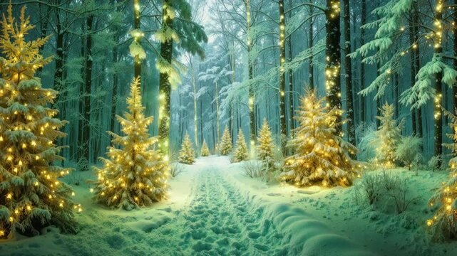 Snowy forest pathway with decorated evergreen trees and Christmas lights changing color. Winter woodland landscape with coniferous forest and fresh snowfall