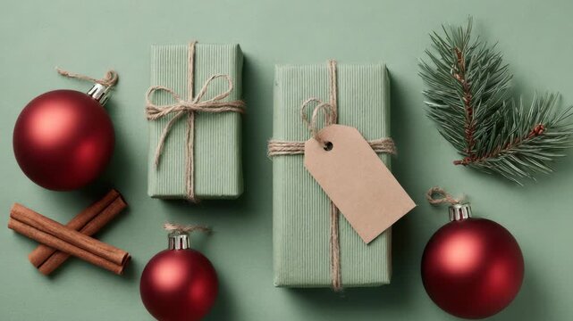 Christmas gifts with red baubles and cinnamon sticks on green background, festive holiday flat lay decoration, cozy winter celebration concept for branding