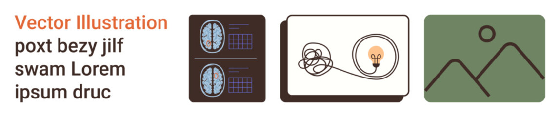 Healthcare, creativity, innovation, diagnostics, problem-solving, landscape visualization. Brain scans, tangled wire with lightbulb and mountain icon. Healthcare and creativity concepts © robu_s