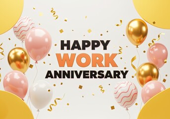 Happy Work Anniversary Celebration: Festive 3D Illustration with Gold, Pink, White Balloons, Golden Confetti & Streamers for Corporate Recognition & Employee Appreciation