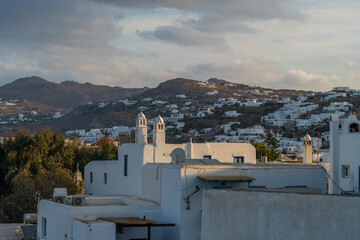 Whitewashed Houses and Church in Mykonos Town, Greece