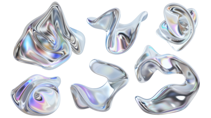 Set of silver shapes fluid holographic Iridescent 3D render icon isolated on white background