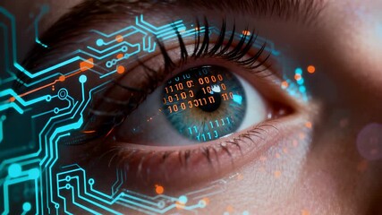 A human eye with digital circuit overlays and binary code, representing technology and data integration. - Powered by Adobe