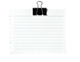 A white lined paper square secured by a black metal binder clip, isolated on black