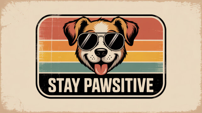 Stay pawsitive message with a dog wearing sunglasses and colorful background