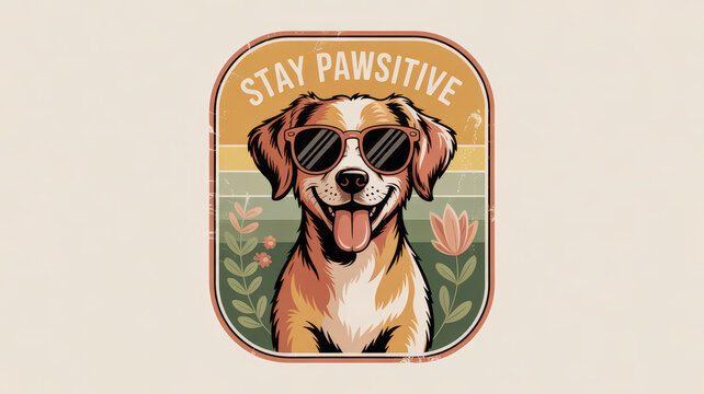 Graphic of a dog wearing sunglasses with a message to stay pawsitive featuring flowers and simple colors