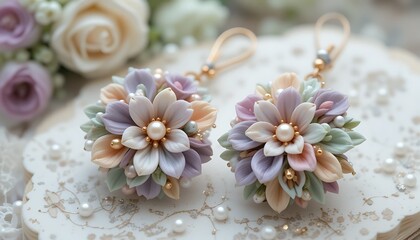 Pastel Flower Earrings with Pearls and Gold Accents