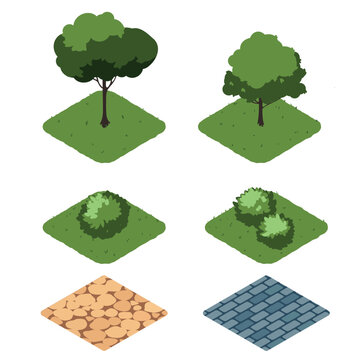 A comprehensive vector set of isometric environment elements, featuring lush bushes, diverse trees, and modular road segments.