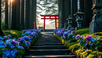 Serene Torii Gate Path Lined with Hydrangeas and Lanterns