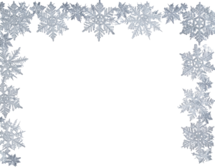 Frame of intricate, glistening, stylized snowflakes against a deep black background