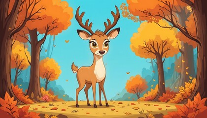 Cute Cartoon Deer with Antlers in Vibrant Autumn Forest Scene