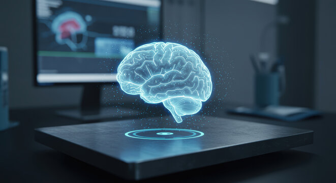 Virtual brain model displayed on a table with computer screens in the background during a technology presentation - Powered by Adobe