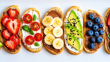 Variety of toast with fruits and vegetables on top