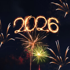 Naklejka premium Happy New Year 2026 Firework Display in Night Sky. Golden sparklers forming the number 2026 against a dark sky with colorful fireworks. vibrant celebration of the upcoming year, holiday greetings