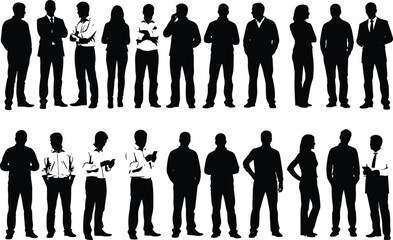 Business people silhouettes collection showing professional men and women standing confidently in modern corporate poses isolated on white background