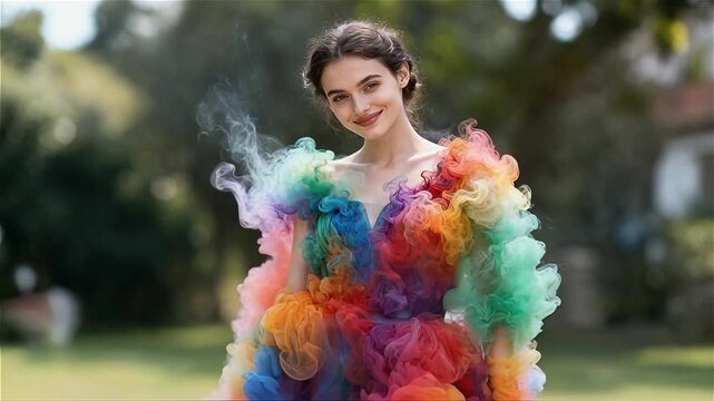 Modelo con un vestido hecho de humo de colores 