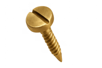 Golden screw standing alone on a transparent background, reflecting light