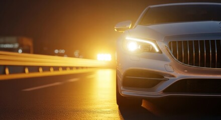 A luxury car takes a night drive, with headlights glowing brightly.