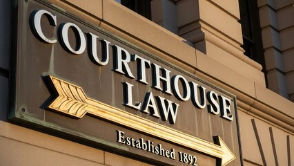 Brown courthouse law sign with gold arrow on tan brick building established 1892