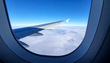 飛行機の窓越しに広がる雲の上の景色と旅客機の翼が印象的な空中移動の瞬間