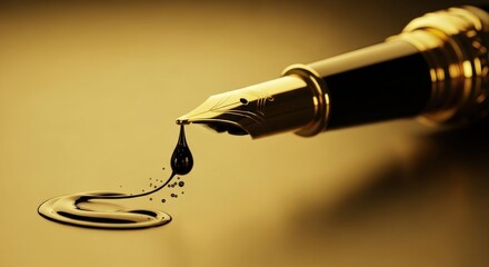 A gold fountain pen with black ink dripping on a gold background.