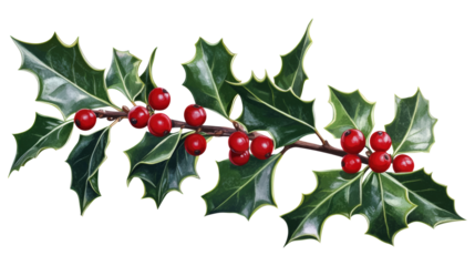 A red and green holly bush with red berries, isolated on a transparent background