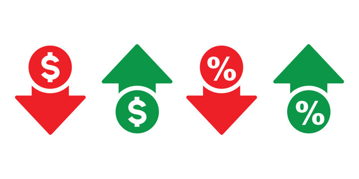PrintDollar price up and down icon in outline style. Dollar coin graph up and down symbol. Money cost arrow growth, decline. Currency investment. Up and down dollar arrow. illustration.