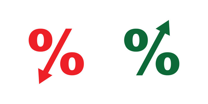 arrow icon with percent symbol, economic growth, increase, decrease arrow, up and down arrow icon.