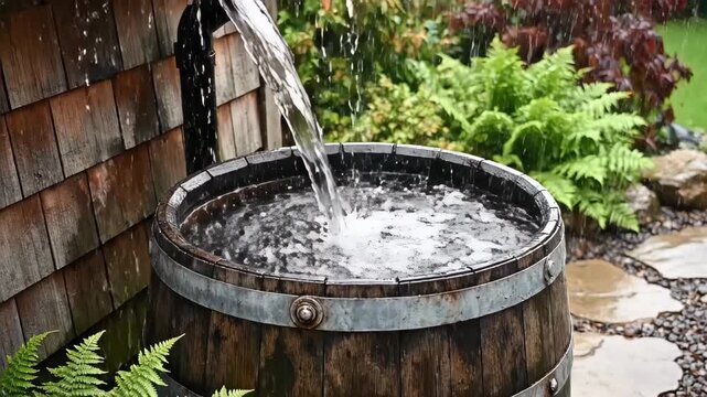 Rainwater pouring from gutter into wooden barrel during heavy rain. Water harvesting in garden with rustic shed and lush foliage. Sustainable living concept