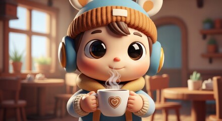 The cartoon character enjoys steaming coffee inside a cozy indoor cafe.