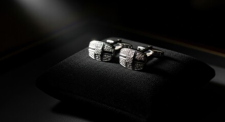 Luxury jewelry cufflinks sparkle under dramatic lighting, showcased on a black surface.