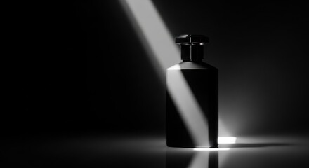 A black bottle stands out with dramatic lighting on a dark background.