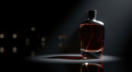 A perfume bottle sits under a spotlight in front of a dark, blurred background.