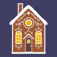 Christmas fantasy house made of cookies. A gingerbread houses on the dark background. Festive decor elements, traditional symbols illustration in flat cartoon style.  New Year sweets. Vector EPS 10