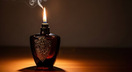 An ornate bottle featuring a burning flame, dramatically lit against a dark background.