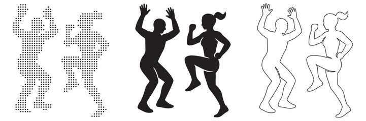 Obraz premium Dynamic silhouettes of people exercising or dancing with energetic poses