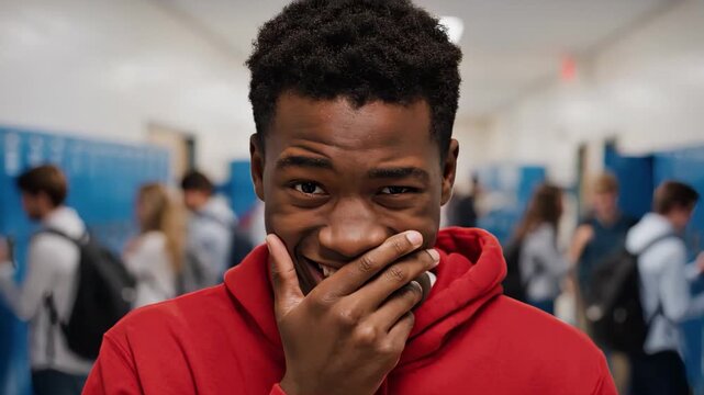 African American teen student snickering behind hand in school hallway. Mischievous boy laughing at a joke or prank with lockers in background. High school lifestyle concept