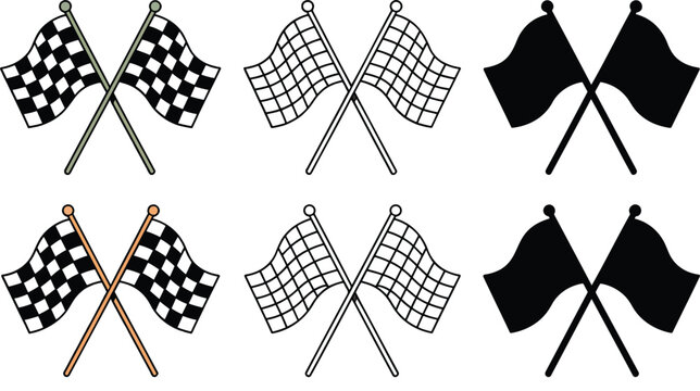 Crossed checkered flag silhouette & Outline and illustration set isolated on transparent background